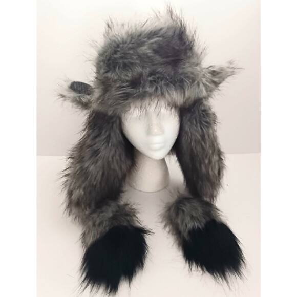 Village House Gray Knit Trapper Hat Gray Wolf Faux Fur Fleece Lined O/S - Picture 3 of 8